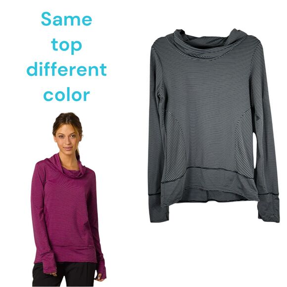 Prana Marin Pullover Mock Neck Long Sleeve Black Grey Stripe Shirt Size Small - Picture 1 of 7